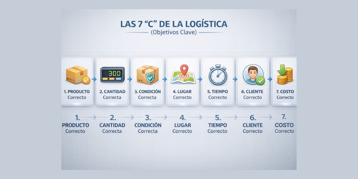 Infografía de las 7 C de la Logística: Producto, Cantidad, Condición, Lugar, Tiempo, Cliente y Costo Correctos