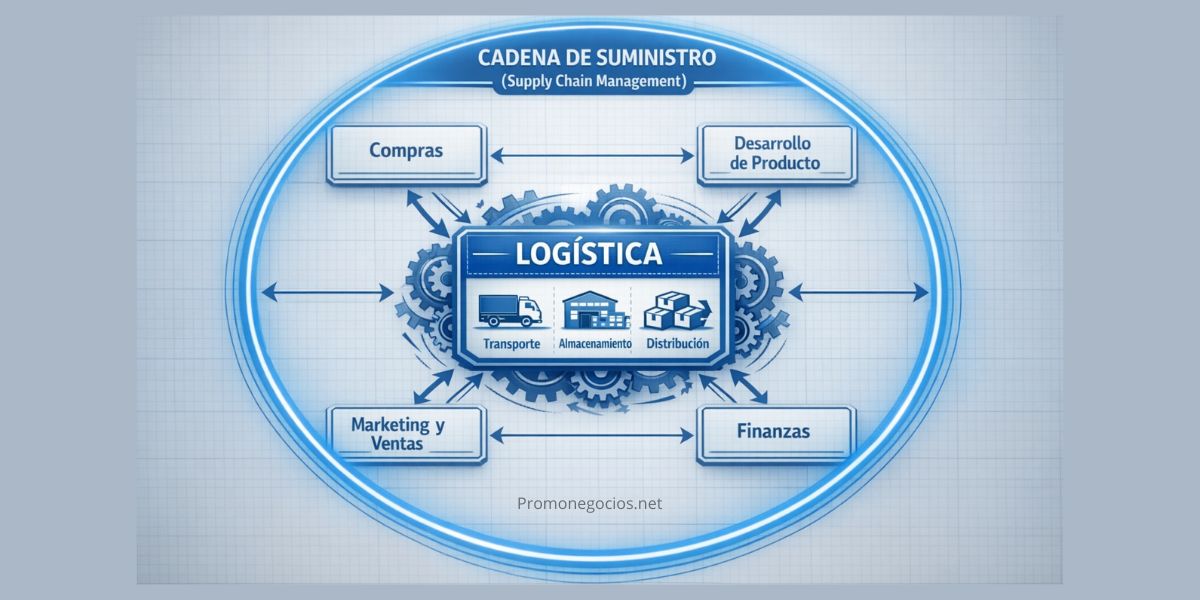 Diagrama mostrando que la Logística es una parte operativa dentro de la Cadena de Suministro (Supply Chain)