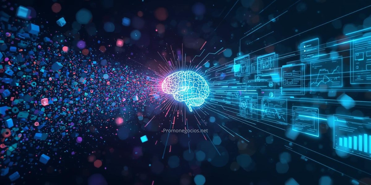Representación visual conceptual del procesamiento de datos con Inteligencia Artificial. Muestra un flujo de datos brutos y caóticos entrando en un procesador central de IA y saliendo como información estructurada y sintetizada en paneles abstractos